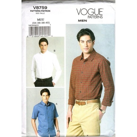Vogue Men V8759 Mens 34 to 40 Button Up Dress Shirt Uncut Sewing Pattern - Picture 1 of 2